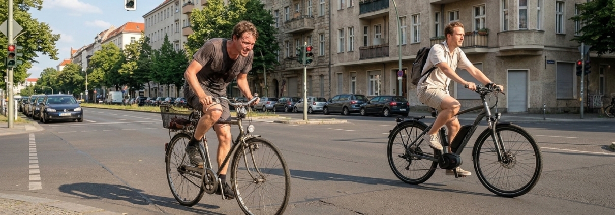 Radfahrer schwitzt beim Treten, während ein E-Bike-Fahrer entspannt an derselben Kreuzung vorbeifährt