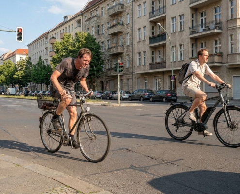 Radfahrer schwitzt beim Treten, während ein E-Bike-Fahrer entspannt an derselben Kreuzung vorbeifährt