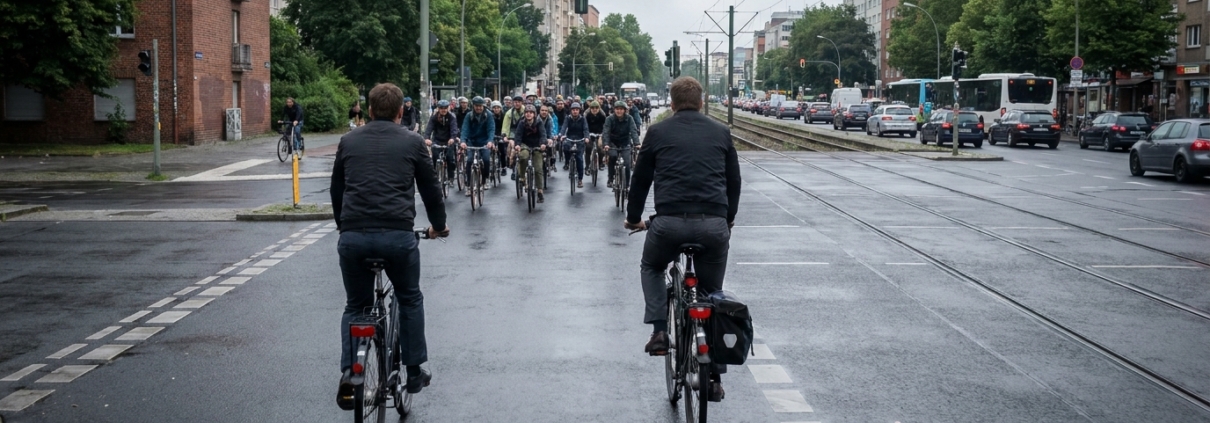 Radpendler auf breitem Radweg in Berlin, im Hintergrund dicht gedrängte Radfahrer an überfülltem Radwegabschnitt