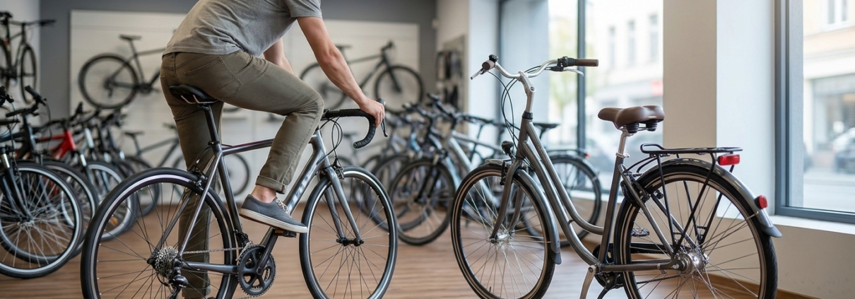 Radfahrer auf zu sportlichem Rad mit falscher Sitzposition neben besser passendem Alltagsrad im Laden