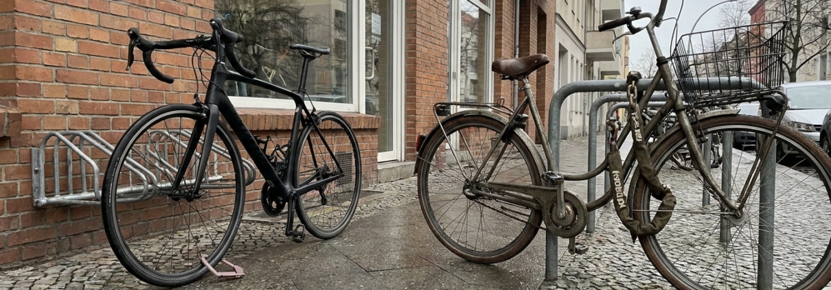 Teures Rennrad mit dünnem Faltschloss neben einfachem Stadtrad mit dickem Kettenschloss vor einem Ladengeschäft