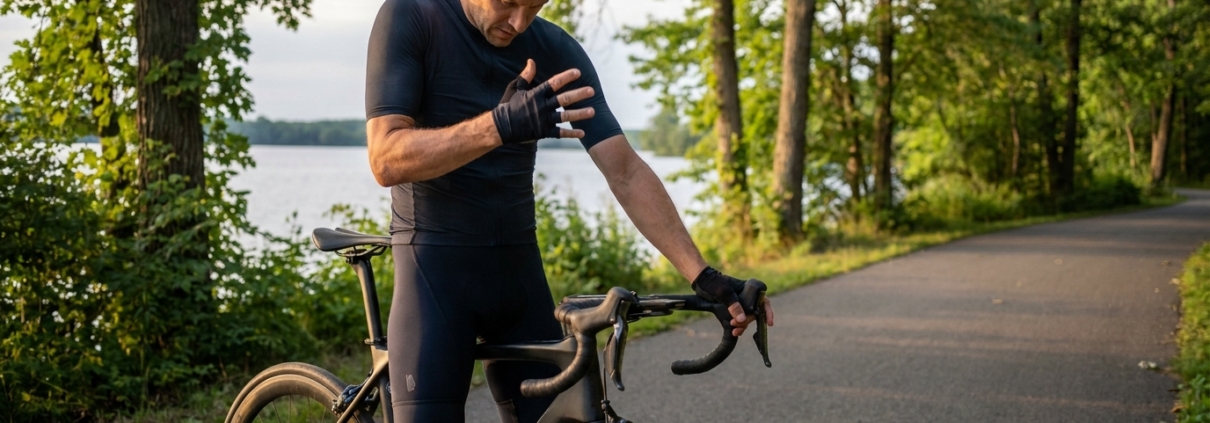 Rennradfahrer mit verspanntem Nacken steht neben seinem Rad mit weit gestreckter Lenkerposition am Wasser