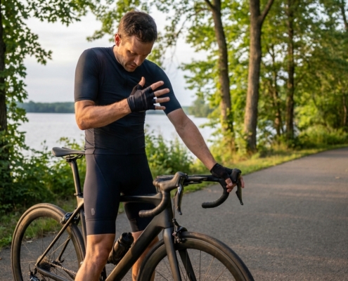 Rennradfahrer mit verspanntem Nacken steht neben seinem Rad mit weit gestreckter Lenkerposition am Wasser