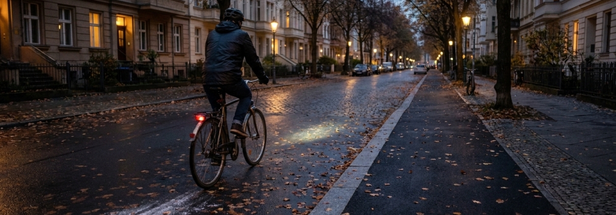 Radfahrer im Berliner Herbstdunkel mit schwachem Licht auf nasser, unbeleuchteter Straße