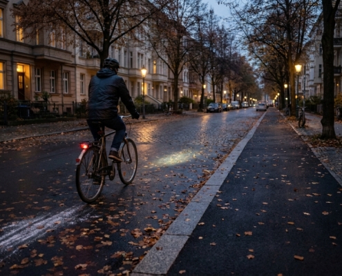 Radfahrer im Berliner Herbstdunkel mit schwachem Licht auf nasser, unbeleuchteter Straße