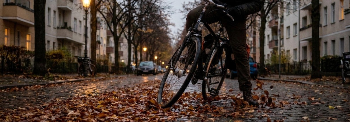 Radfahrer rutscht mit dem Vorderrad auf nassem, laubbedecktem Kopfsteinpflaster in der Dämmerung