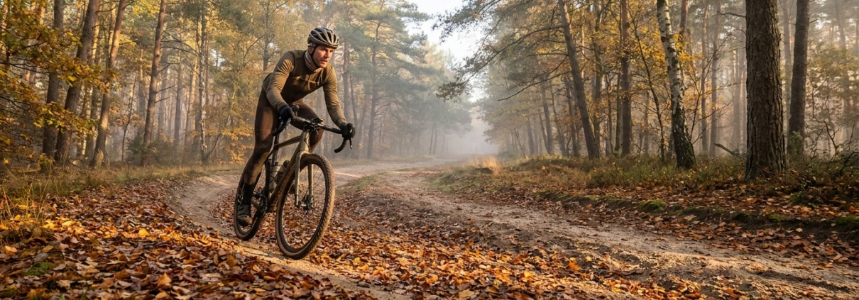 Radfahrer nimmt auf sandigem Waldweg im Grunewald vorsichtig eine mit nassem Laub bedeckte Kurve im Herbstnebel