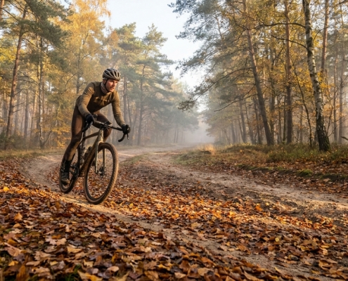 Radfahrer nimmt auf sandigem Waldweg im Grunewald vorsichtig eine mit nassem Laub bedeckte Kurve im Herbstnebel